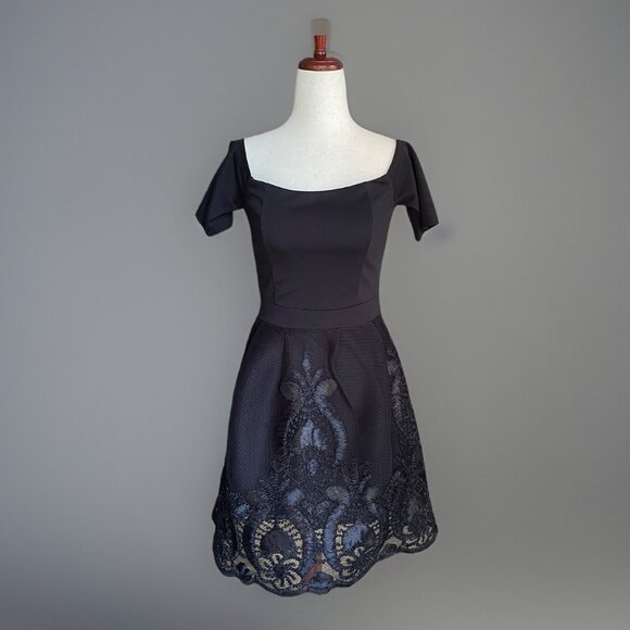 Francesca's Black Fit & Flare Embroidered Mesh Skirt Off Shoulder Dress Small - Picture 1 of 7